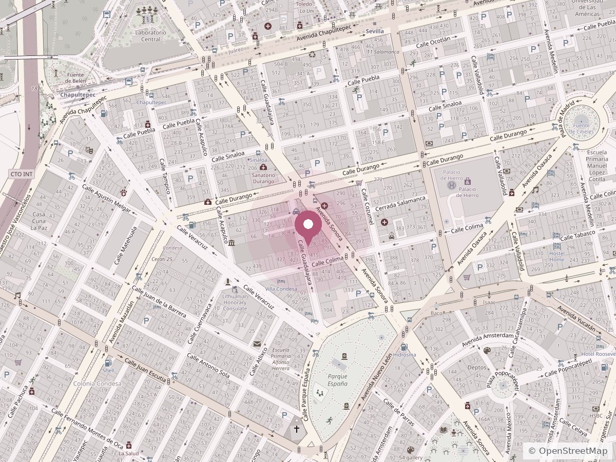 Mapa de Roma Norte con la ubicación de Stilo Salón en Calle Guadalajara 70-B, entre Durango y Colima
